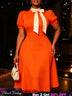 AOMEIDRESS Elegant Women A Line Colorblock Dress Bow Neck Puff Sleeve - Orange / S