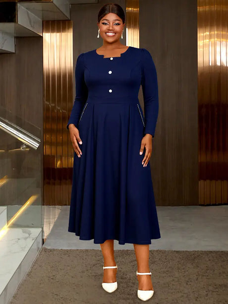 AOMEIDRESS Elegant Women A Line Pleated Dress Button with Pocket