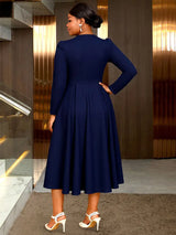 AOMEIDRESS Elegant Women A Line Pleated Dress Button with Pocket