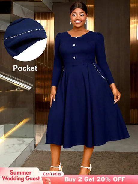 AOMEIDRESS Elegant Women A Line Pleated Dress Button with Pocket Navy / L