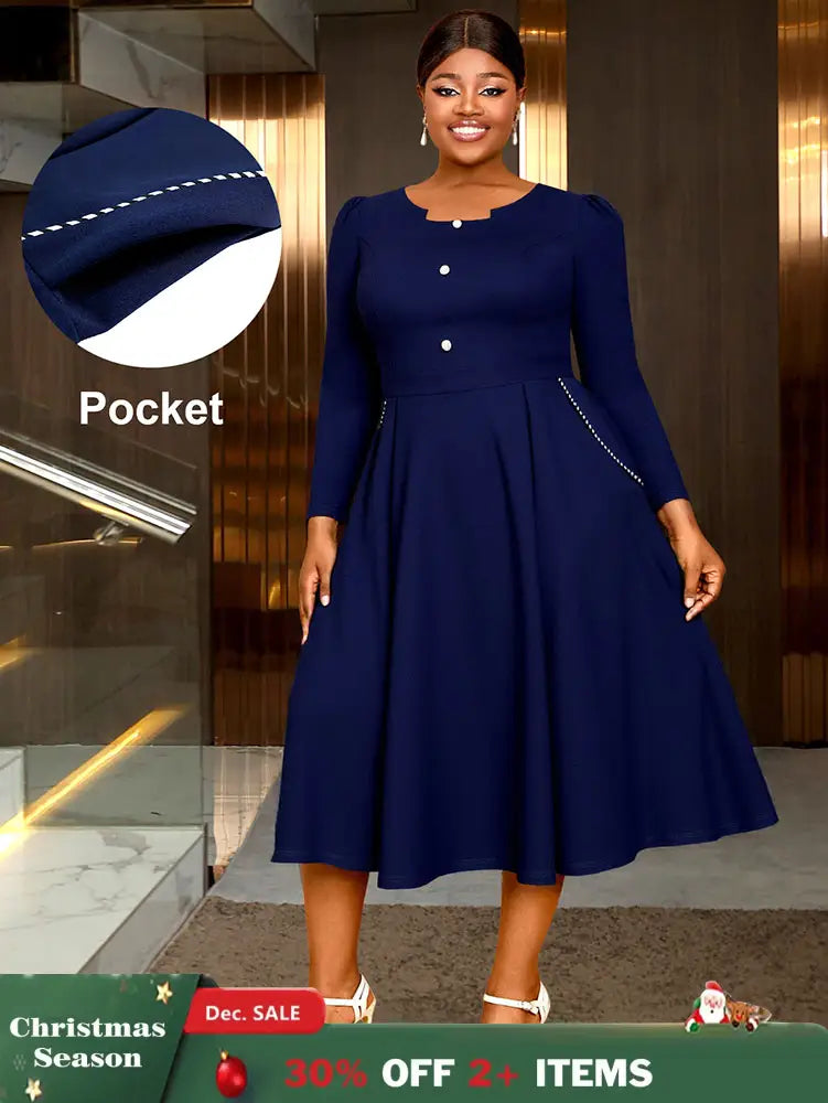 AOMEIDRESS Elegant Women A Line Pleated Dress Button with Pocket Navy / L