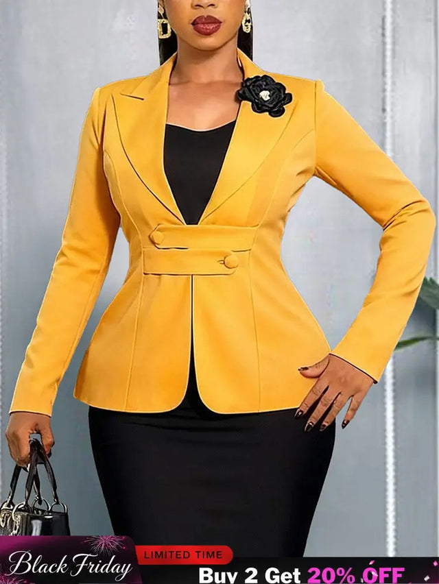 AOMEIDRESS Elegant Women Blazer Coats Button 3D Flower Office Outfits - Yellow / S