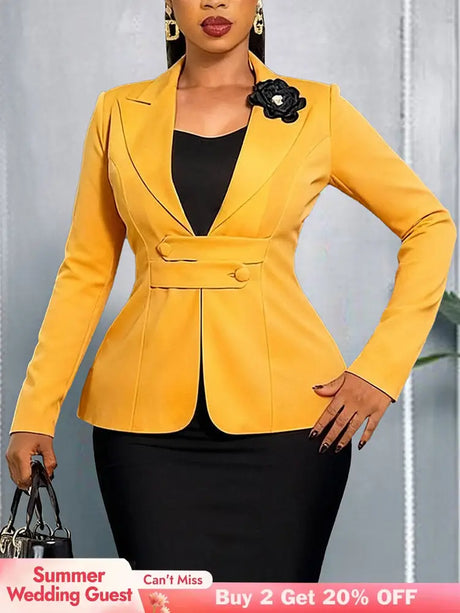 AOMEIDRESS Elegant Women Blazer Coats Button 3D Flower Office Outfits - Yellow / S
