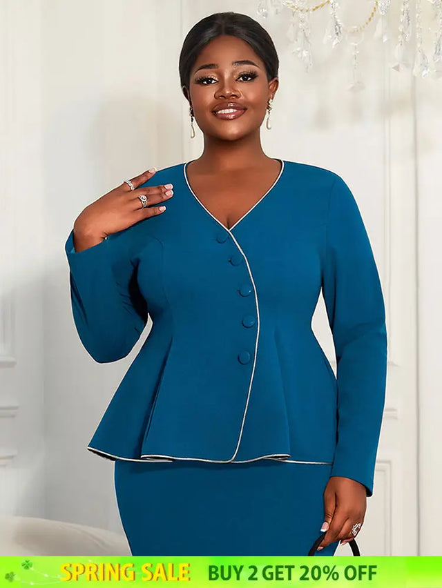 AOMEIDRESS Elegant Women Church Top V Neck Long Sleeves Trim Peplum PeacockBlue / L