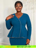 AOMEIDRESS Elegant Women Church Top V Neck Long Sleeves Trim Peplum PeacockBlue / L