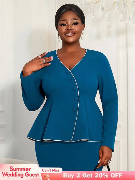 AOMEIDRESS Elegant Women Church Top V Neck Long Sleeves Trim Peplum PeacockBlue / L