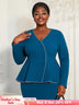 AOMEIDRESS Elegant Women Church Top V Neck Long Sleeves Trim Peplum PeacockBlue / L