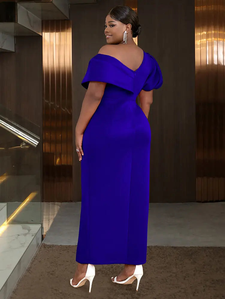 AOMEIDRESS Elegant Women Off Shoulder Bodycon Dress Puff Sleeve Slit