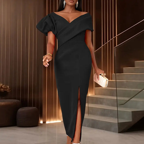 AOMEIDRESS Elegant Women Off Shoulder Bodycon Dress Puff Sleeve Slit Black / S