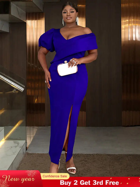 AOMEIDRESS Elegant Women Off Shoulder Bodycon Dress Puff Sleeve Slit Blue / S