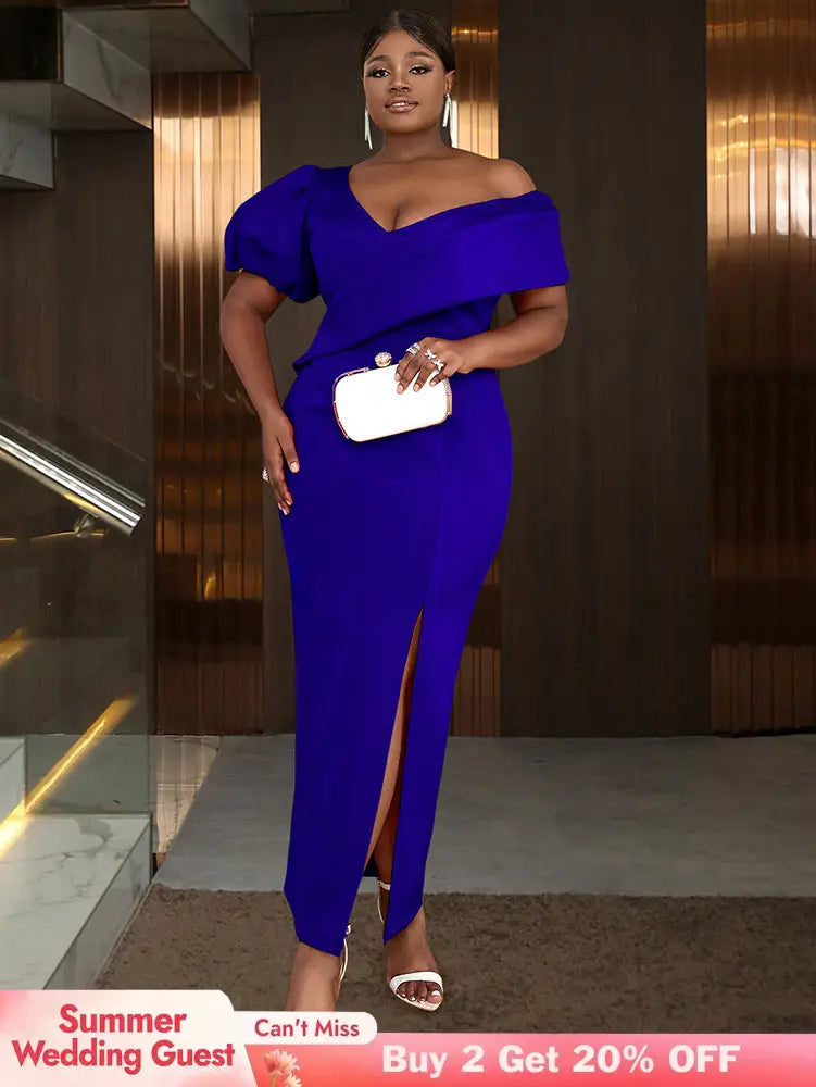 AOMEIDRESS Elegant Women Off Shoulder Bodycon Dress Puff Sleeve Slit Blue / S
