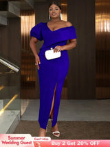AOMEIDRESS Elegant Women Off Shoulder Bodycon Dress Puff Sleeve Slit Blue / S