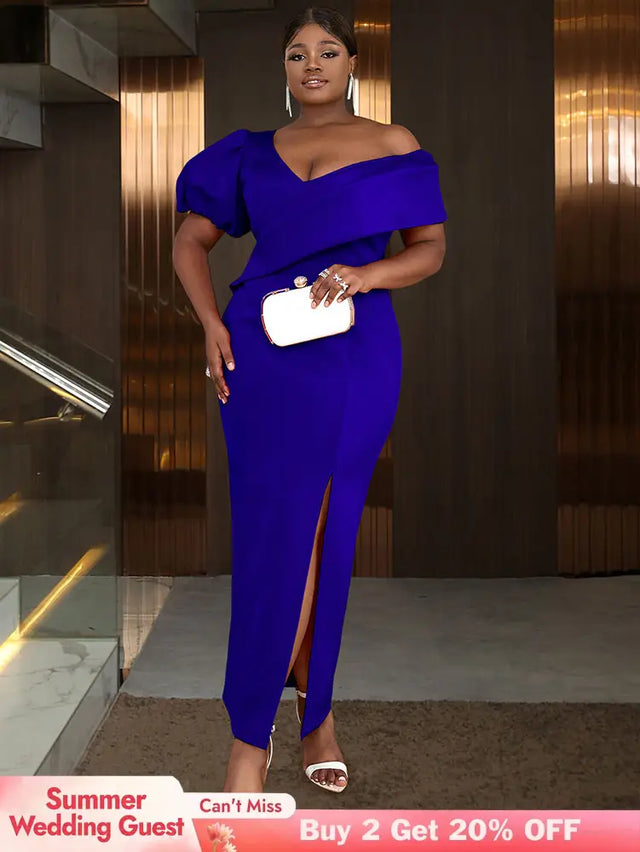 AOMEIDRESS Elegant Women Off Shoulder Bodycon Dress Puff Sleeve Slit Blue / S