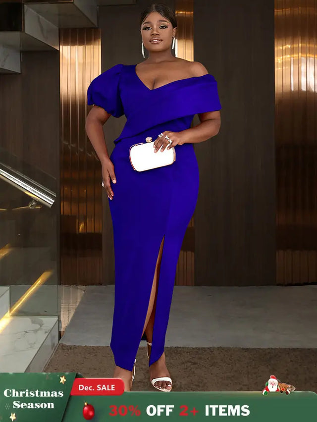 AOMEIDRESS Elegant Women Off Shoulder Bodycon Dress Puff Sleeve Slit Blue / S