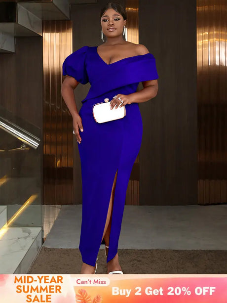 AOMEIDRESS Elegant Women Off Shoulder Bodycon Dress Puff Sleeve Slit Blue / S