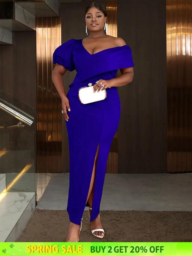 AOMEIDRESS Elegant Women Off Shoulder Bodycon Dress Puff Sleeve Slit Blue / S
