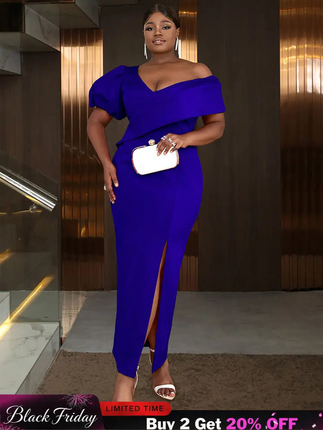 AOMEIDRESS Elegant Women Off Shoulder Bodycon Dress Puff Sleeve Slit Blue / S