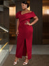 AOMEIDRESS Elegant Women Off Shoulder Bodycon Dress Puff Sleeve Slit DarkRed / S
