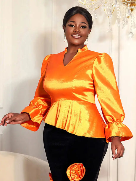 AOMEIDRESS Elegant Women Shiny Tops V Neck Puff Sleeves Peplum Hem