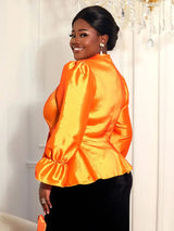 AOMEIDRESS Elegant Women Shiny Tops V Neck Puff Sleeves Peplum Hem