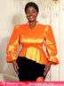 AOMEIDRESS Elegant Women Shiny Tops V Neck Puff Sleeves Peplum Hem Orange / S