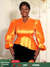AOMEIDRESS Elegant Women Shiny Tops V Neck Puff Sleeves Peplum Hem Orange / S