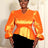 AOMEIDRESS Elegant Women Shiny Tops V Neck Puff Sleeves Peplum Hem Orange / S
