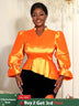 AOMEIDRESS Elegant Women Shiny Tops V Neck Puff Sleeves Peplum Hem Orange / S