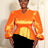 AOMEIDRESS Elegant Women Shiny Tops V Neck Puff Sleeves Peplum Hem Orange / S