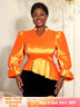 AOMEIDRESS Elegant Women Shiny Tops V Neck Puff Sleeves Peplum Hem Orange / S