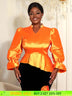 AOMEIDRESS Elegant Women Shiny Tops V Neck Puff Sleeves Peplum Hem Orange / S
