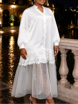 AOMEIDRESS Elegant Women Shirt Dress Short Sleeve Satin Spliced Lace