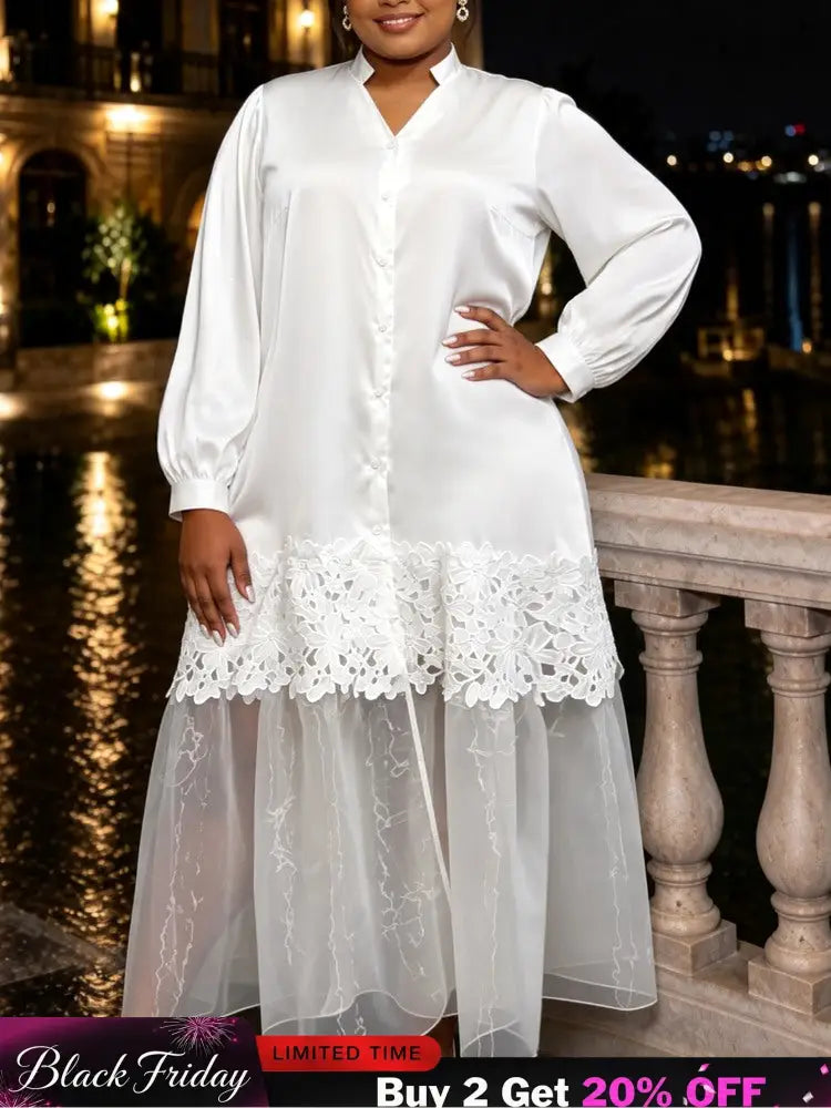 AOMEIDRESS Elegant Women Shirt Dress Short Sleeve Satin Spliced Lace