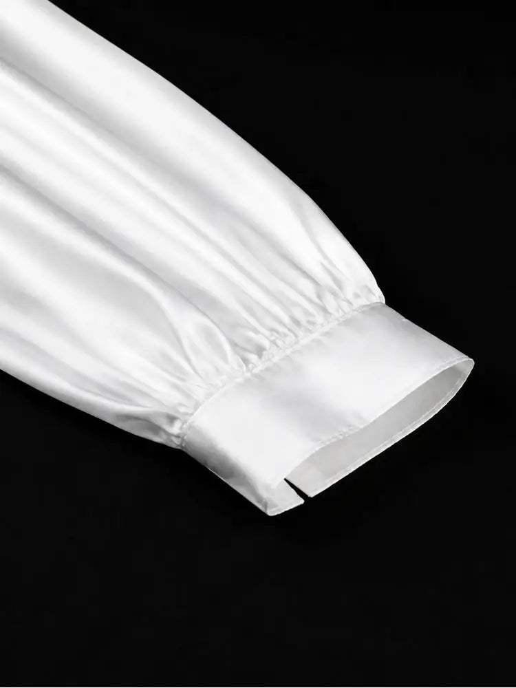 AOMEIDRESS Elegant Women Shirt Dress Short Sleeve Satin Spliced Lace