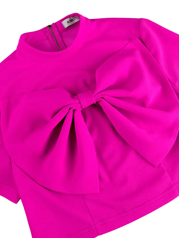 AOMEIDRESS Elegant Women Top Crop Top Short Sleeve Big Bow for Party