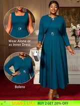 AOMEIDRESS Elegant Women Two Pieces Set Sleeveless Dress With Bolero PeacockBlue / S