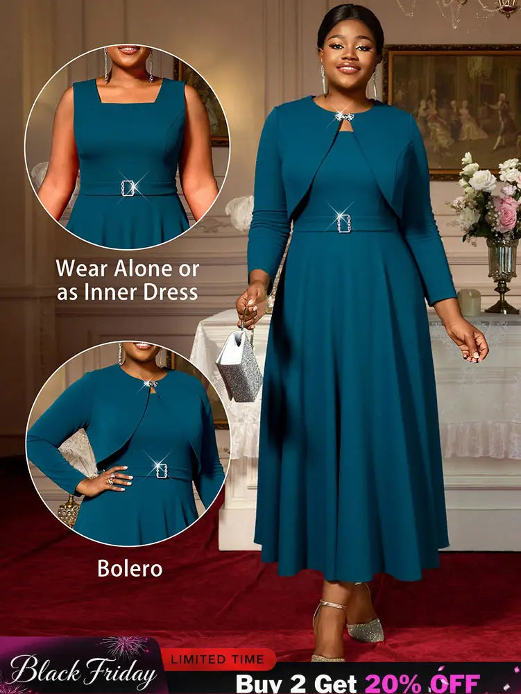 AOMEIDRESS Elegant Women Two Pieces Set Sleeveless Dress With Bolero PeacockBlue / S
