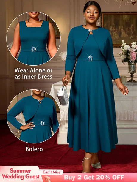 AOMEIDRESS Elegant Women Two Pieces Set Sleeveless Dress With Bolero PeacockBlue / S