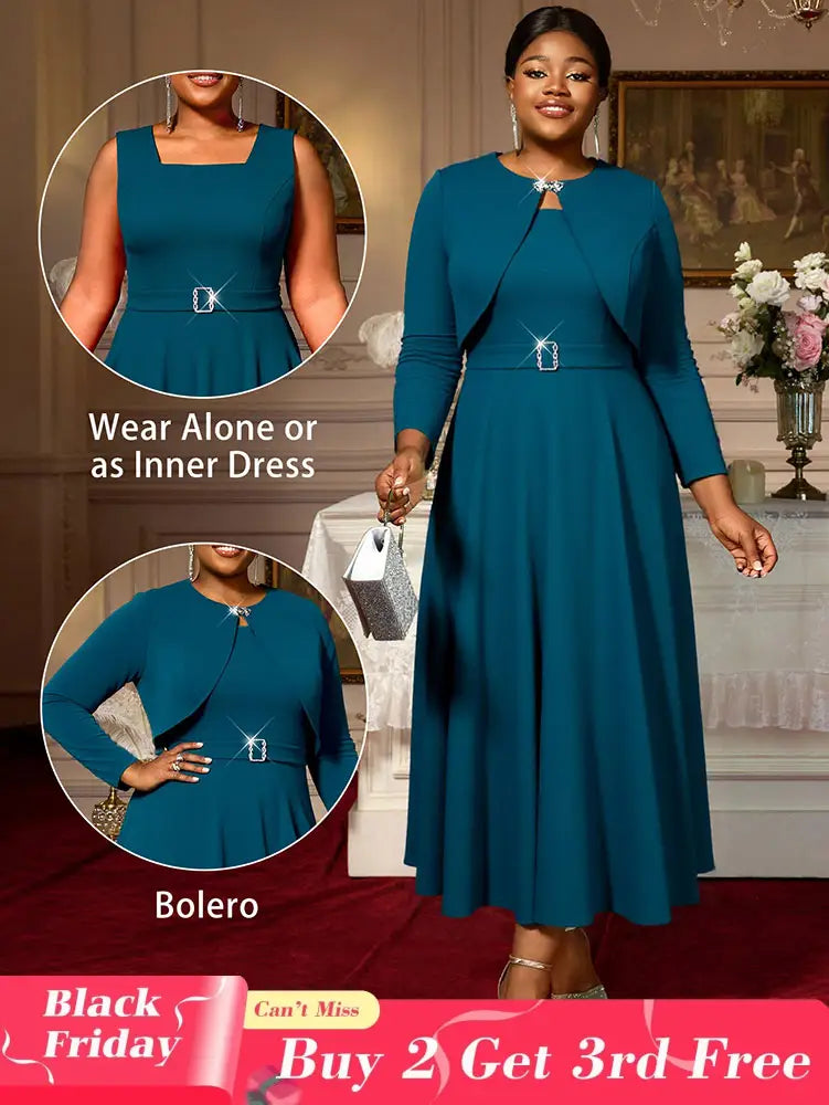 AOMEIDRESS Elegant Women Two Pieces Set Sleeveless Dress With Bolero PeacockBlue / S