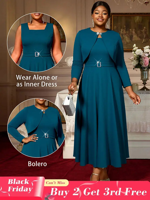 AOMEIDRESS Elegant Women Two Pieces Set Sleeveless Dress With Bolero PeacockBlue / S