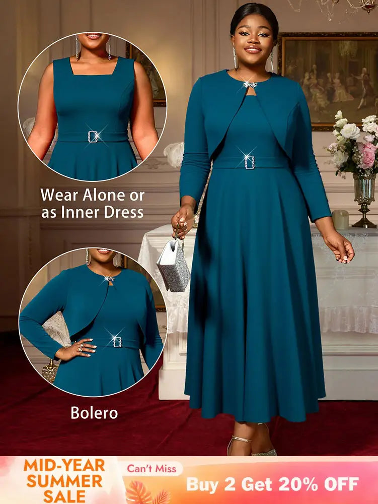 AOMEIDRESS Elegant Women Two Pieces Set Sleeveless Dress With Bolero PeacockBlue / S