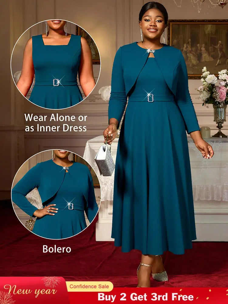 AOMEIDRESS Elegant Women Two Pieces Set Sleeveless Dress With Bolero PeacockBlue / S