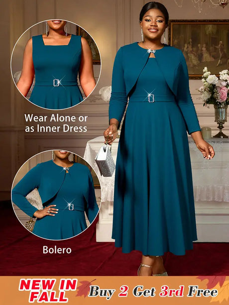AOMEIDRESS Elegant Women Two Pieces Set Sleeveless Dress With Bolero PeacockBlue / S