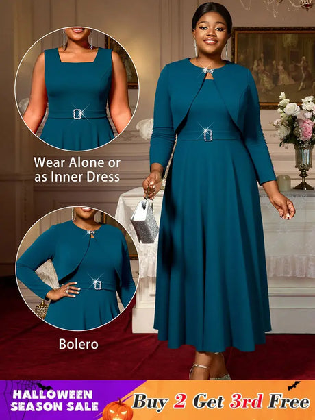 AOMEIDRESS Elegant Women Two Pieces Set Sleeveless Dress With Bolero PeacockBlue / S