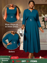 AOMEIDRESS Elegant Women Two Pieces Set Sleeveless Dress With Bolero PeacockBlue / S