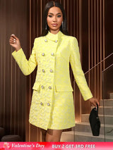 AOMEIDRESS Elegant Yellow Jacquard Blazer Dress Long Sleeve Gowns Yellow / S