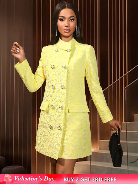 AOMEIDRESS Elegant Yellow Jacquard Blazer Dress Long Sleeve Gowns Yellow / S