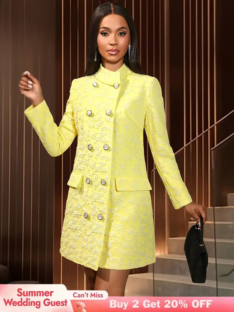 AOMEIDRESS Elegant Yellow Jacquard Blazer Dress Long Sleeve Gowns Yellow / S