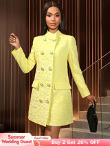 AOMEIDRESS Elegant Yellow Jacquard Blazer Dress Long Sleeve Gowns Yellow / S