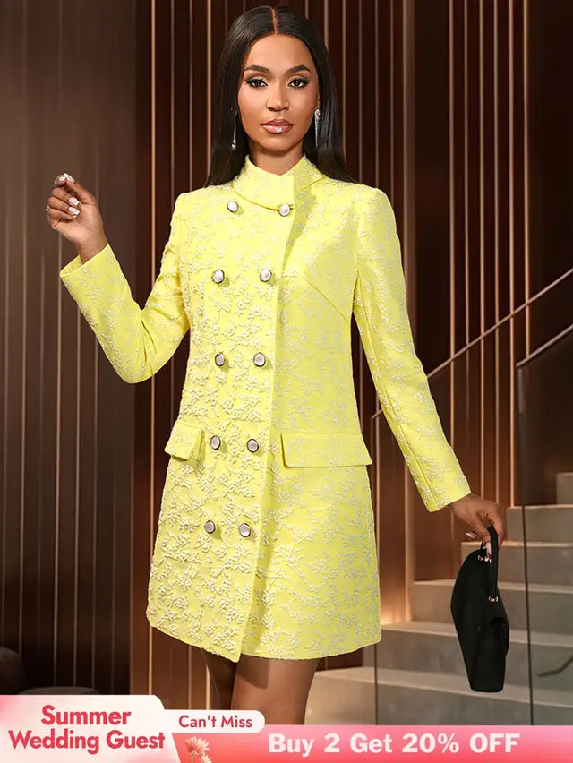 AOMEIDRESS Elegant Yellow Jacquard Blazer Dress Long Sleeve Gowns Yellow / S